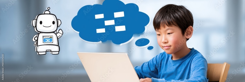 Poster young boy interacts with educational technology, engaging with a virtual assistant while working on 