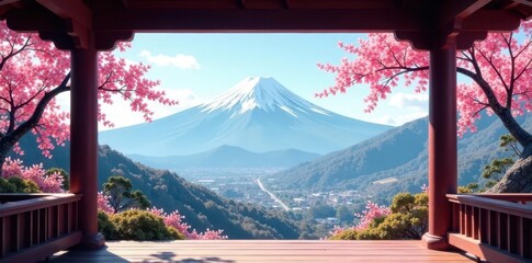 Pink sakura blossoms frame mountain view from gazebo, Japanese gazebo, tree, flora