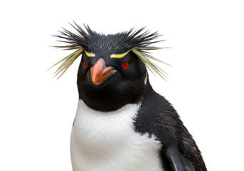 Harlequin Rockhopper Penguin with a Unique Feather Crown and Bright Red Eyes