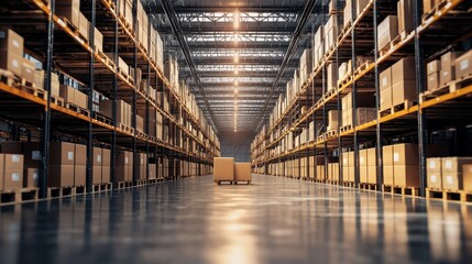 Fototapeta premium Perspective view of industrial warehouse with shelves and stored products for logistics and supply chain visuals