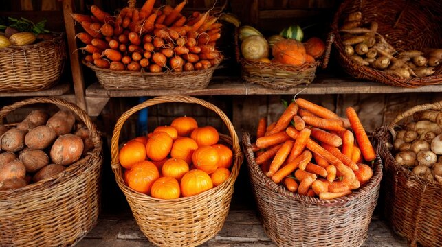 Assortment of orange vegetables in wicker baskets at an eco farm - Powered by Adobe