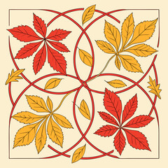 Stylized illustration of an intricate autumn leaf pattern on a beige background