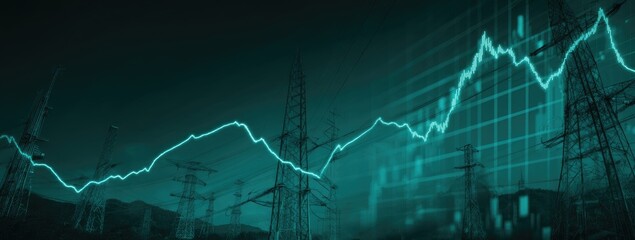 Abstract graphic of a fluctuating line graph overlaid on a dark teal backdrop of power lines and grid