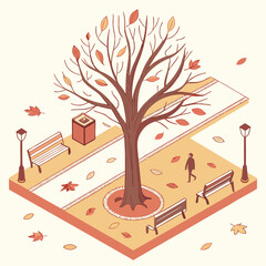 Isometric illustration of a peaceful park scene with a bare tree and autumn leaves on beige background