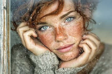 Dreamy Portrait Woman with Freckles with gazing through a wet window, and serene expression.