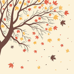 Stylized illustration of a bare tree with falling colorful leaves on a beige background