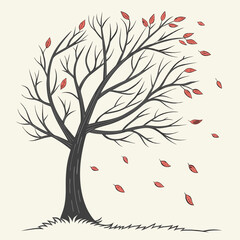 Stylized illustration of a bare tree with falling red leaves on a beige background