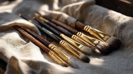 Naklejka premium A roll of synthetic and natural brushes unwrapped, sizes labeled, brass ferrules glowing in angled sun, linen cloth beneath.