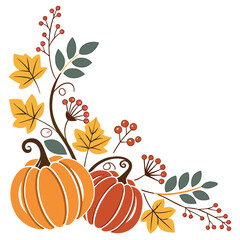 Charming illustration of pumpkins surrounded by autumn leaves and berries on a white background
