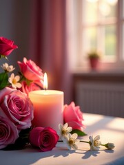 Obraz premium A glowing candle surrounded by pink roses and flowers creates a romantic Valentines ambiance. funeral