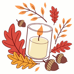 Whimsical illustration of a candle surrounded by autumn leaves and acorns on a white background
