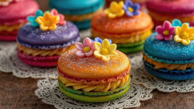 A rainbow of macarons with colorful frosting and decorative sugar flowers