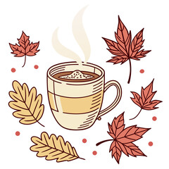 Whimsical illustration of a steaming mug surrounded by autumn leaves on a white background