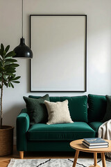Cozy living room with plush emerald green velvet sofa textured pillows and modern art above