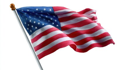 Fototapeta premium Image shows American flag waving on flagpole, featuring stars and stripes in red, white, and blue