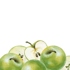 
A frame made in watercolor in the form of green apples by Granny Smith. Handmade illustration, isolated on a white background. An autumn fruit template for packaging, menus, invitations, and business