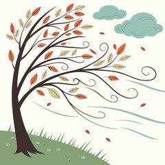 Stylized tree in the wind with falling leaves and clouds in a whimsical illustration