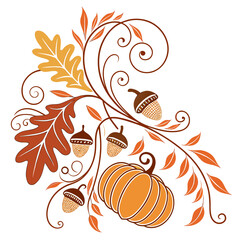Decorative autumn design with acorns, pumpkin, and leaves in warm colors