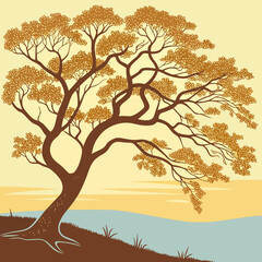 Stylized illustration of a tree with golden leaves in a serene landscape on a pastel background