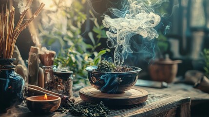 Mystical incense ritual setup with smoke, candles and natural herbs in spiritual wellness atmosphere composition