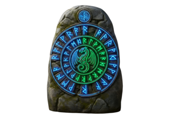 Illuminated Norse Runes and Yggdrasil Design on Ancient Stone Monolith for Mythology Enthusiasts