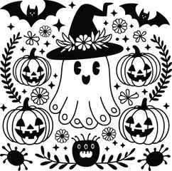 Cute Halloween Doodle Illustration with Ghost Pumpkins Bats and Flowers