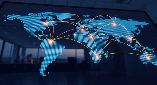 Digital map shows global network with glowing connections over continents