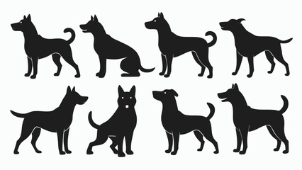 Eight black dog silhouettes in various poses white animal