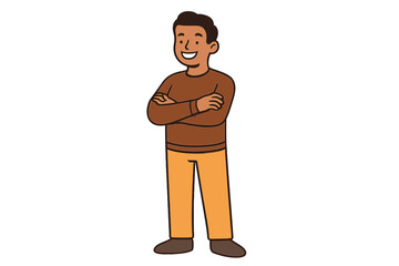 A confident young Pakistani or Indian businessman with handsome dark skin poses in a modern casual sweater, depicted in a vector flat style cartoon illustration on a creative background