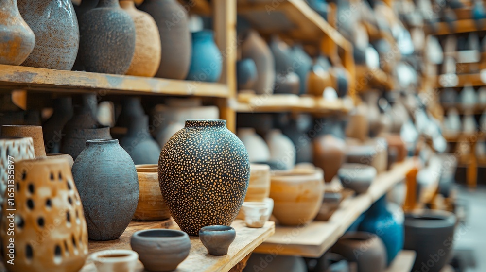 Poster pottery shelf with ceramic items in artisan workshop scene for handmade craft and decorative object 