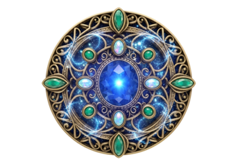 Intricate celestial brooch featuring sparkling gemstones and glowing magical orbs in a starry