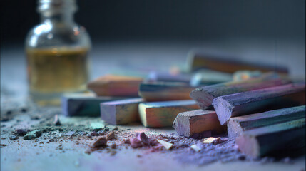 Colorful soft pastel chalk sticks with powder dust on artist workspace showing art supplies for drawing painting and creative artistic expression concept


