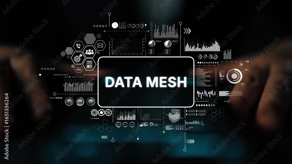 Poster data mesh concept visualization with graphics and hands typing on keyboard in dark environment. asym