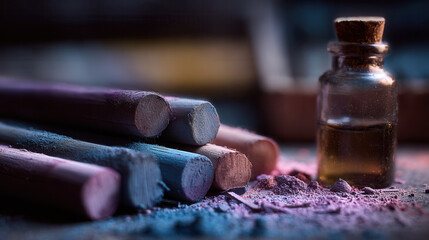 Colorful soft pastel chalk sticks with powder dust on artist workspace showing art supplies for drawing painting and creative artistic expression concept

