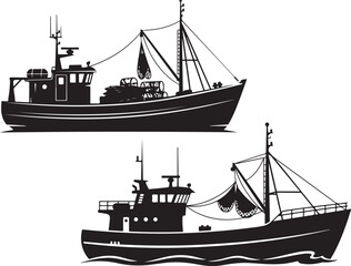Fishing boat silhouettes on white background, vector illustration.