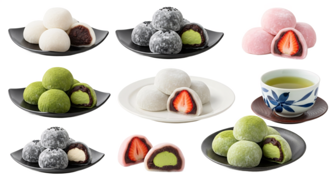 Assortment of japanese mochi desserts with fresh strawberries and matcha green tea isolated on transparent background