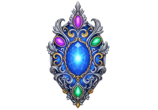 Intricate enchanted jewelry ornament with vibrant gemstones and detailed metallic filigree design