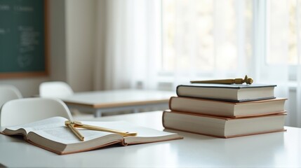 Stacked geometry tools beside a closed mathematics textbook on a white desktop in a minimalist classroom