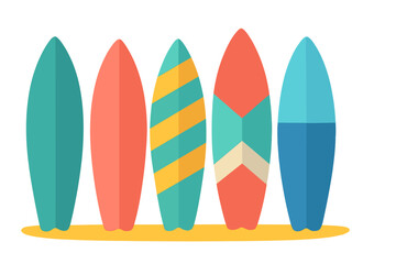 A row of surfboards stood on the sandy beach with the ocean visible in the background