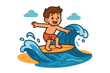 Adorable animated boy windsurfing in the ocean beside a tropical island, ideal for children's printables, summer athletics, and seaside artwork