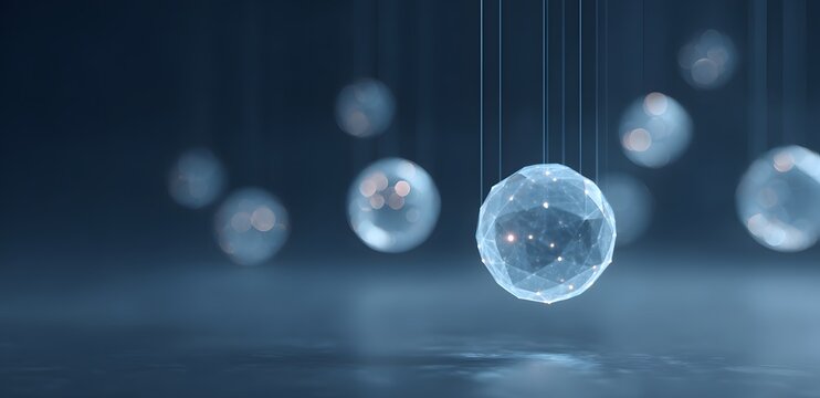 quantum computing concept background with glowing qubits suspended in crystal spheres