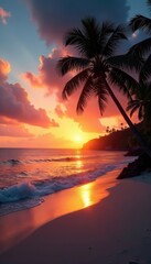 Sunset over Samoan beach with swaying palm trees , holiday, tropical landscape