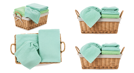 Four wicker baskets filled with neatly folded soft fluffy mint green towels and washcloths isolated on transparent background