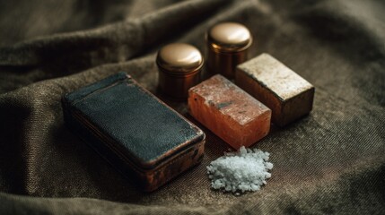 Luxury still life scene with dark fabric, perfume bottles and sparkling salt in elegant product composition