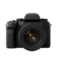 Modern black digital slr camera with a large lens and intricate details isolated on transparent background