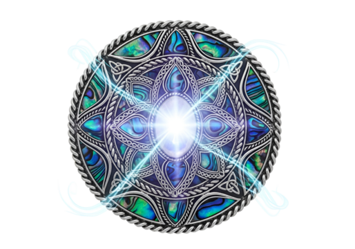 Intricate mystical pendant with luminous blue gemstone and detailed silver filigree design