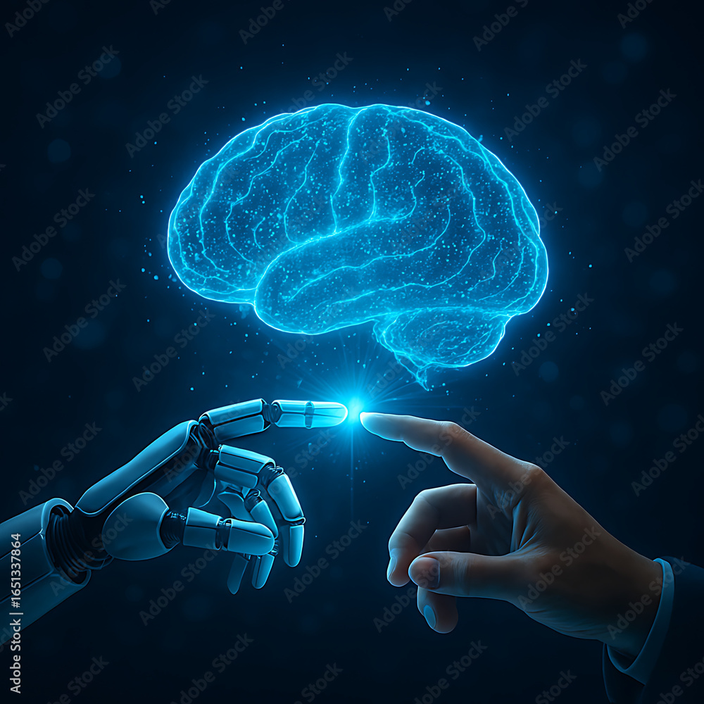 Poster futuristic ai brain connecting human touch with robot hand, symbolizing advanced technology