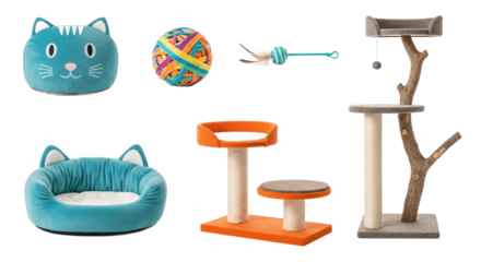 Collection of various cat toys and furniture including scratching posts and beds isolated on transparent background