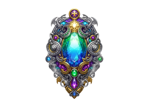 Intricate ornate pendant featuring a large central blue gemstone surrounded by multicolored