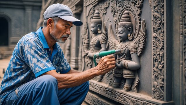 Artisan carving hindu statues cultural heritage site photography outdoor close-up craftsmanship